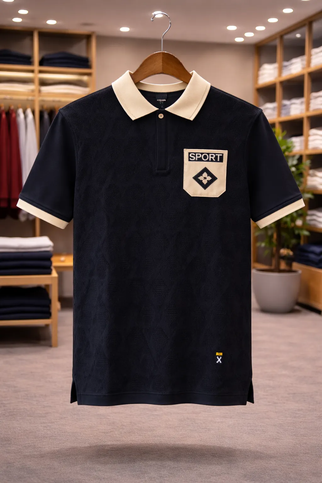 Men's Navy Textured Polo with Cream Collar